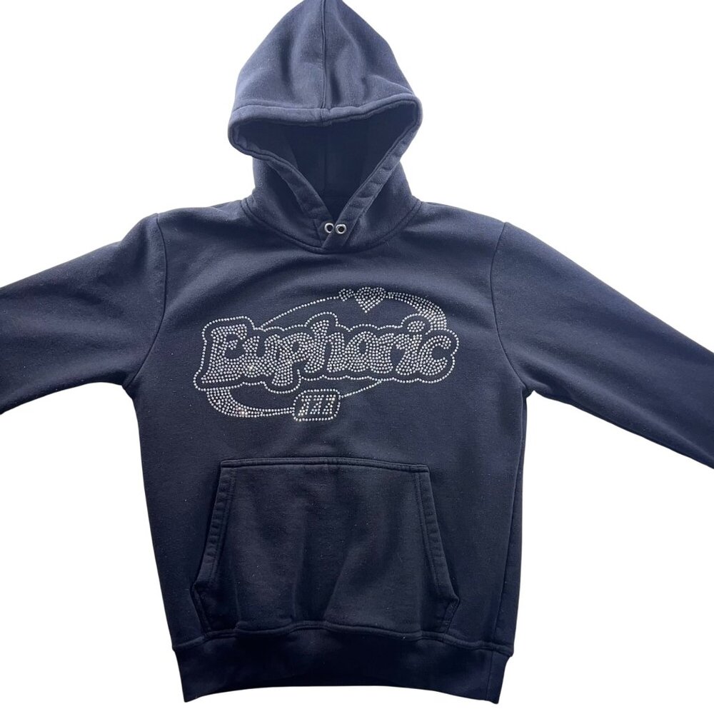 Black "Euphoric" Rhinestone Hoodie With Kangaroo Pocket & Drawstring Hood size s